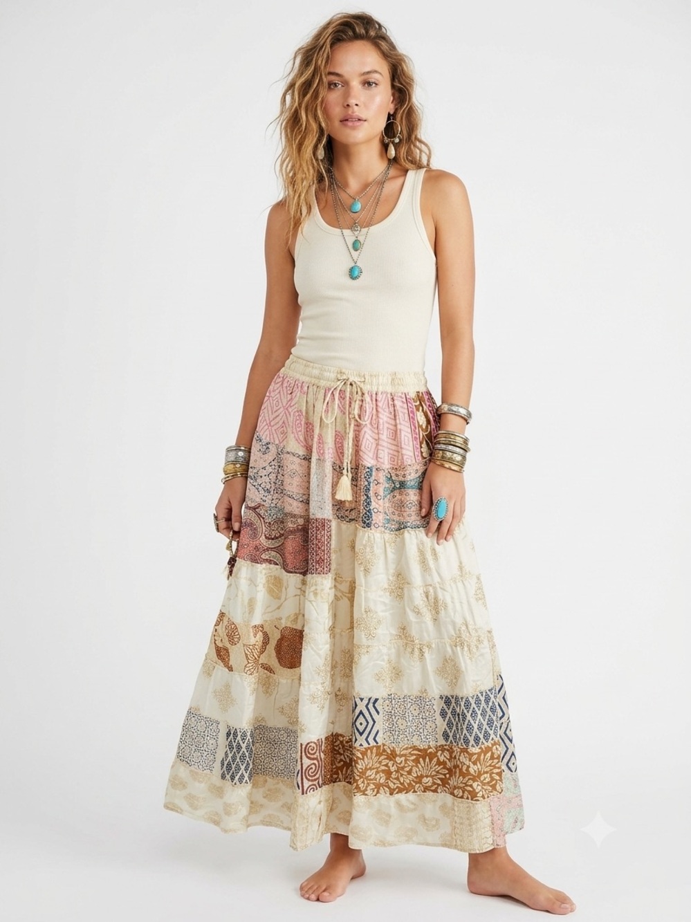12. Boho Patchwork Sari Silk Maxi Skirt Festival Hippie Gypsy One Size India